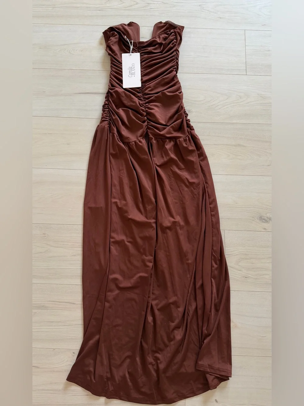 NWT Camila Blanco Strapless Ruched Maxi Dress in Chocolate Brown